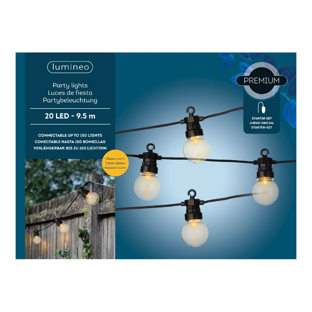 Lumineo Feestverlichting Lichtsnoer - Bolvorm - 950cm - 20 LEDS - Klassiek Warm
