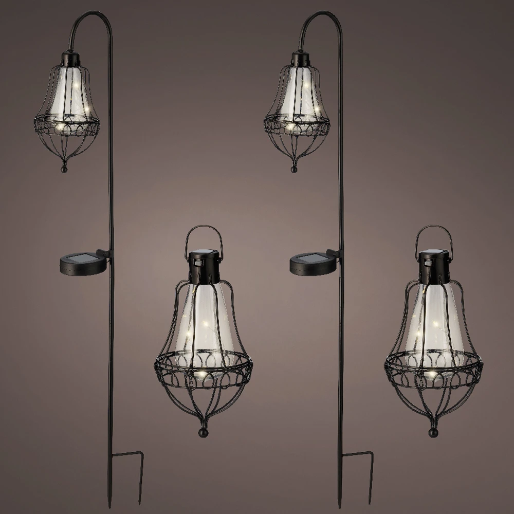 Lumineo Solar Set Met Tuinlamp En Lantaarn - LED - D14.5 X H84cm - Zwart - 4st. - Afbeelding 2